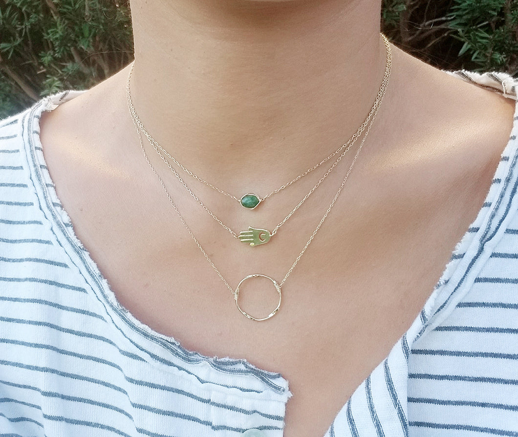 Mini green emerald aventurine necklace/ Hamsa necklace/ Twisted circle necklace