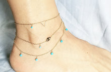 Load image into Gallery viewer, Mini triangle gold anklet / Evil eye anklet / Turquoise dangle anklet
