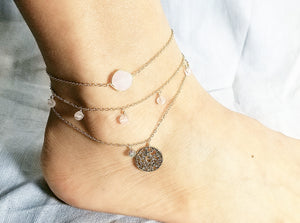 Rose quartz anklet / Rose quartz dangle anklet / Leaves emblem symbol anklet