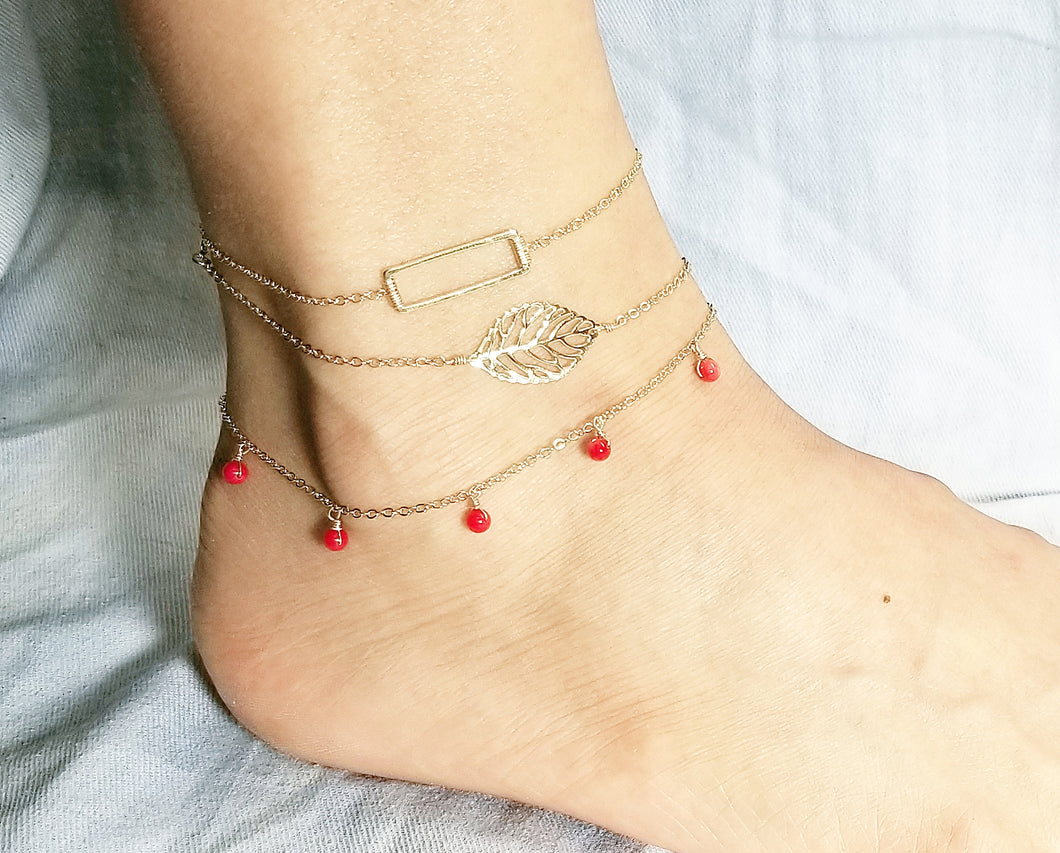 Rectangle anklet / Leaf anklet / Red coral dangle anklet