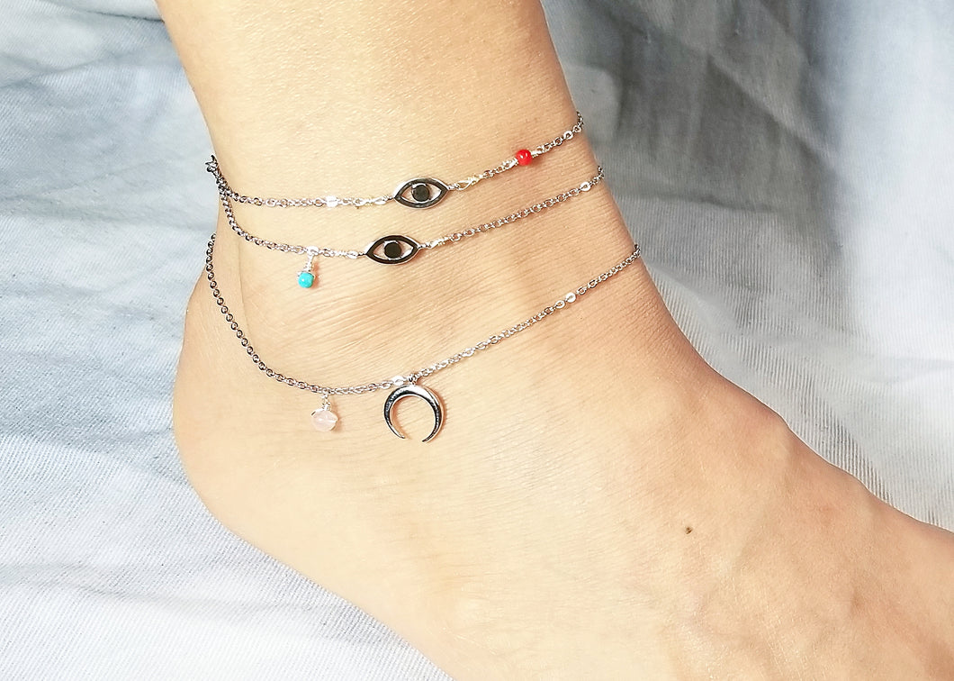Crescent with rose quartz anklet / Evil eye with coral anklet / Evil eye with turquoise anklet