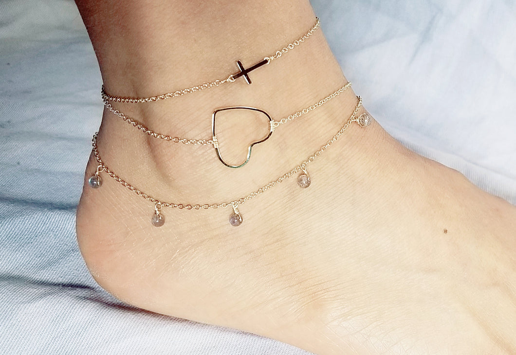 Side-way cross anklet / Heart anklet / Labradorite dangle anklet
