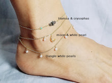 Load image into Gallery viewer, Gold Hamsa  anklet / Moon anklet / White pearls dangle anklet
