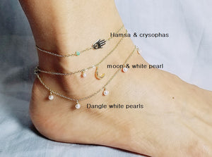 Gold Hamsa  anklet / Moon anklet / White pearls dangle anklet