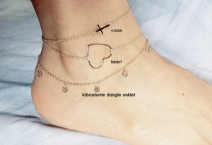 Side-way cross anklet / Heart anklet / Labradorite dangle anklet