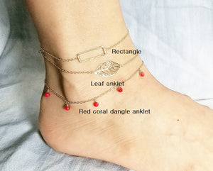 Rectangle anklet / Leaf anklet / Red coral dangle anklet