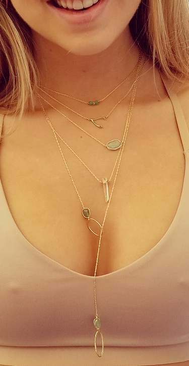 Wishbone necklace / Green aventurine long lariat necklace.