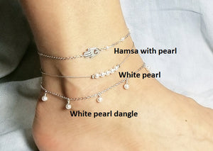 Hamsa anklet / White pearl anklet / White pearl dangle anklet